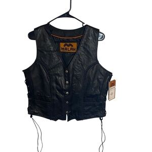 Malah Womens Black Leather Motorcycle Gun Vest Braided Front/Back Side Laces Lg‎